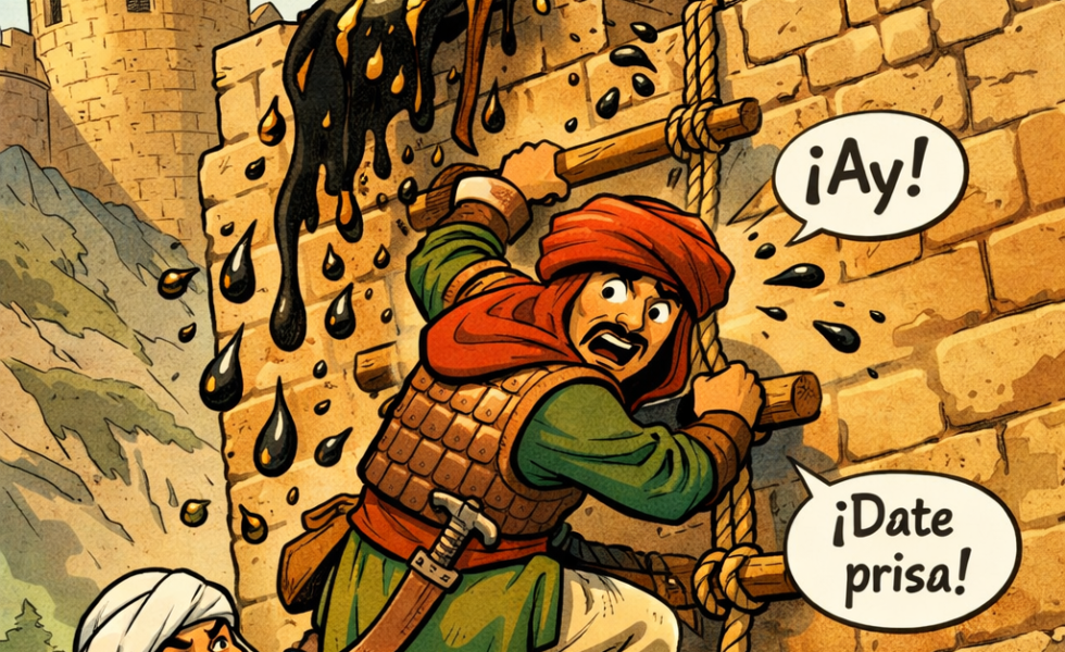 Ilustración cómica de la toma de Zahara durante la Guerra de Granada